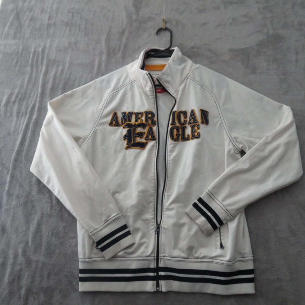 American Eagle Track Jacket Mens Medium White Varsity Sportswear Full Zip Logo